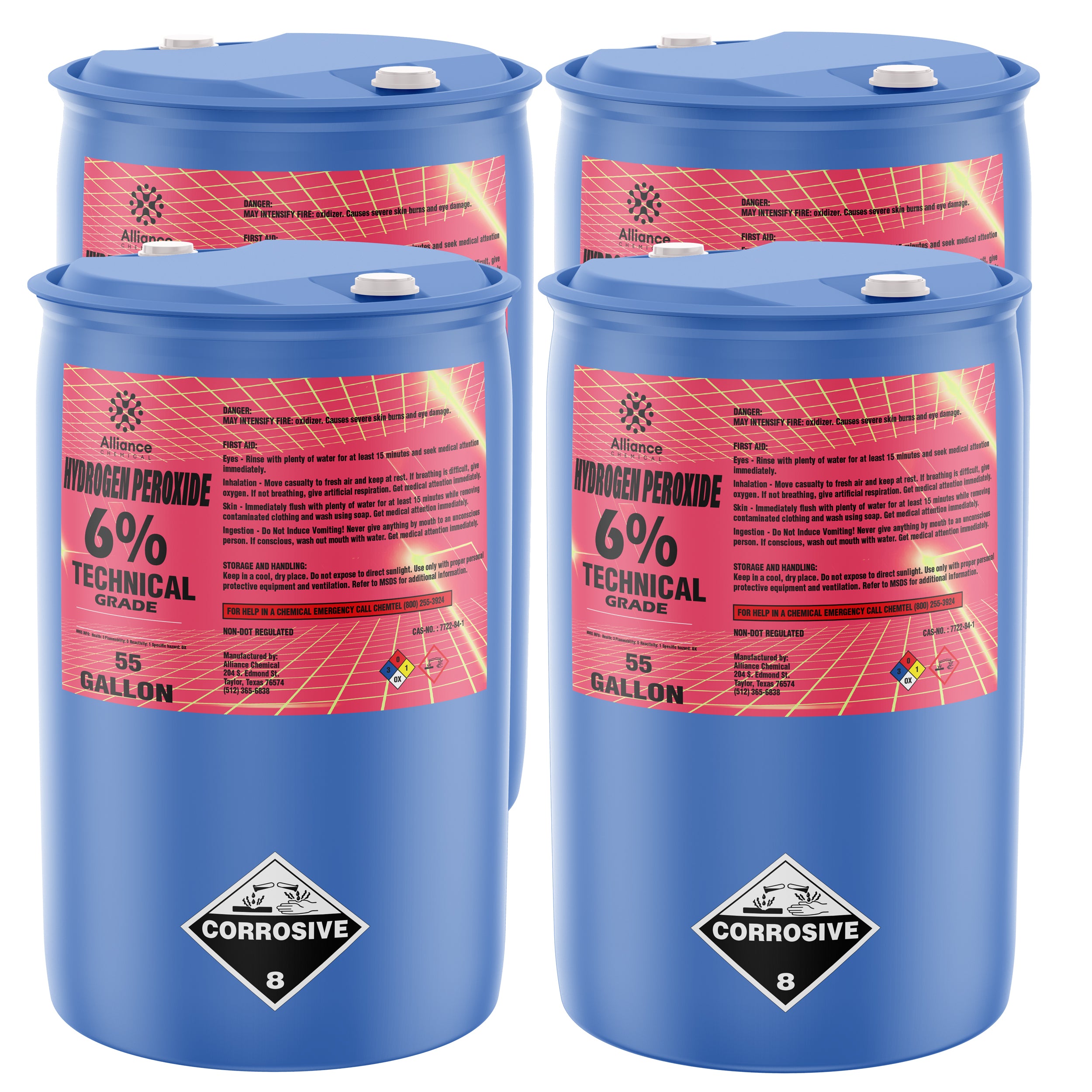 55-gallon drums of 6% Technical Grade Hydrogen Peroxide in blue HDPE containers, featuring corrosive warning labels, safety information, and Alliance Chemical branding.